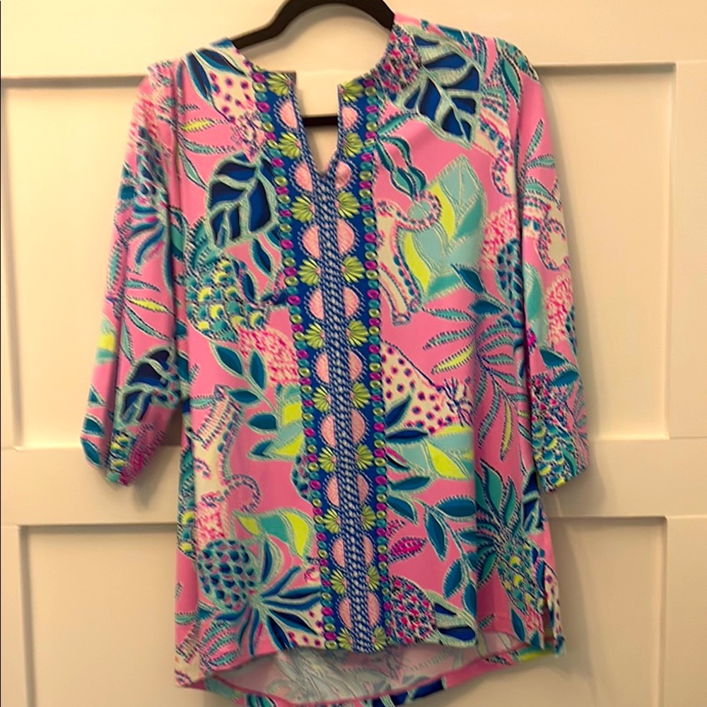 Lilly Pulitzer Pink Tropical Print Tunic with Blue & Green Accents